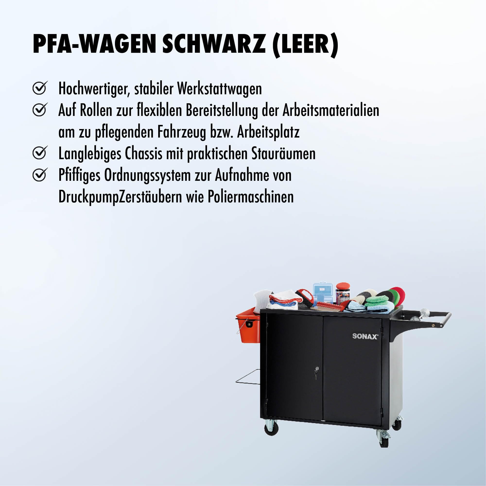 sonax-pfa-wagen-schwarz-leer-stabiler-werkstattwagen-auf-rollen image 2